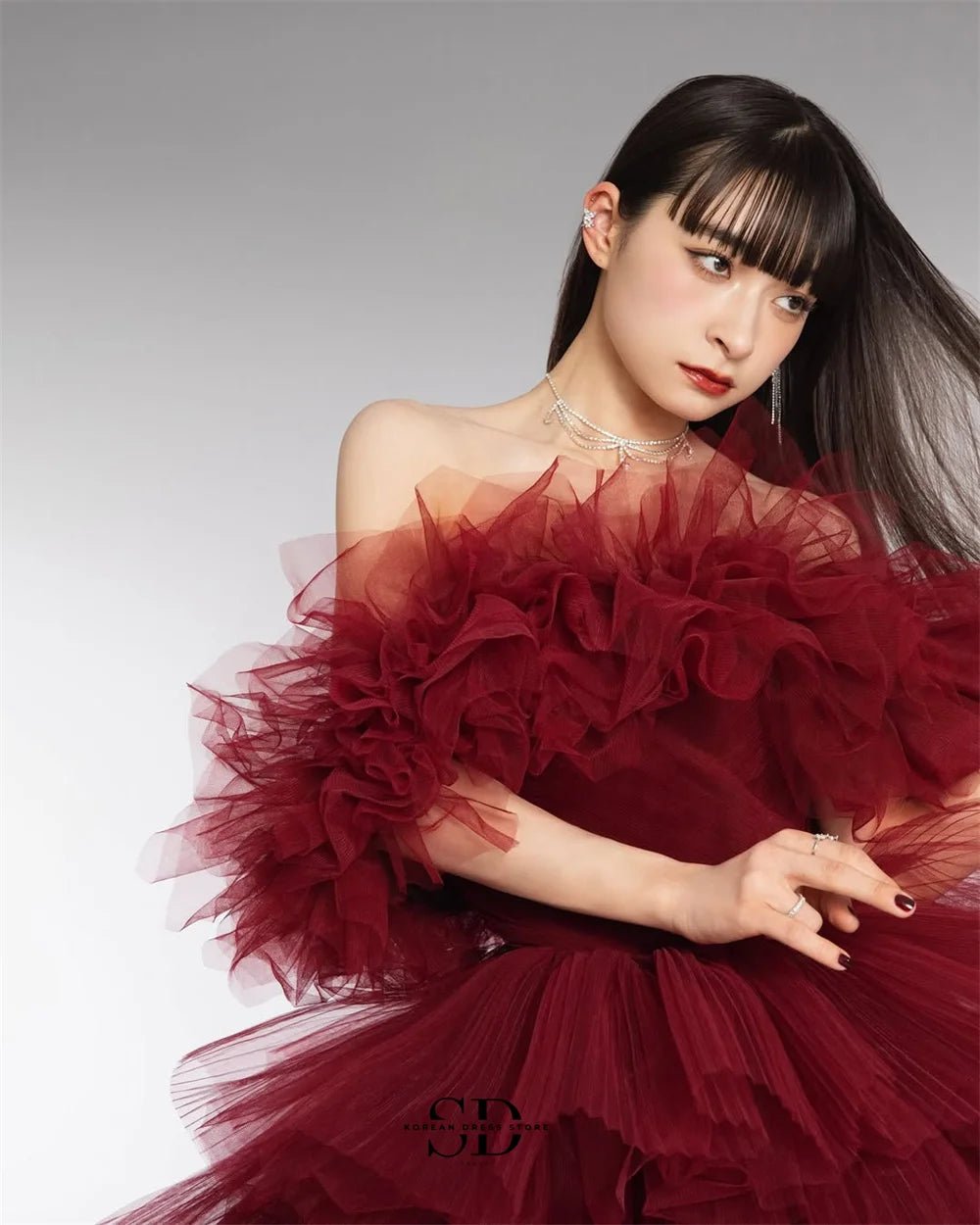 Sondr Luxury Japanese Wedding Dresses Red Tiered Tulle Bridal Gown Customized Wedding Snap Dresses Evening Party Gown for Women - Luzilly Bridal & Apparel