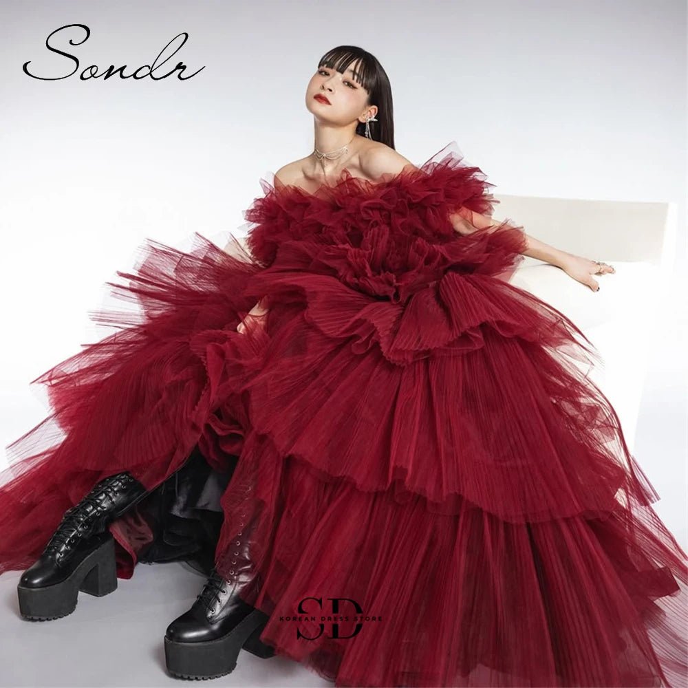 Sondr Luxury Japanese Wedding Dresses Red Tiered Tulle Bridal Gown Customized Wedding Snap Dresses Evening Party Gown for Women - Luzilly Bridal & Apparel