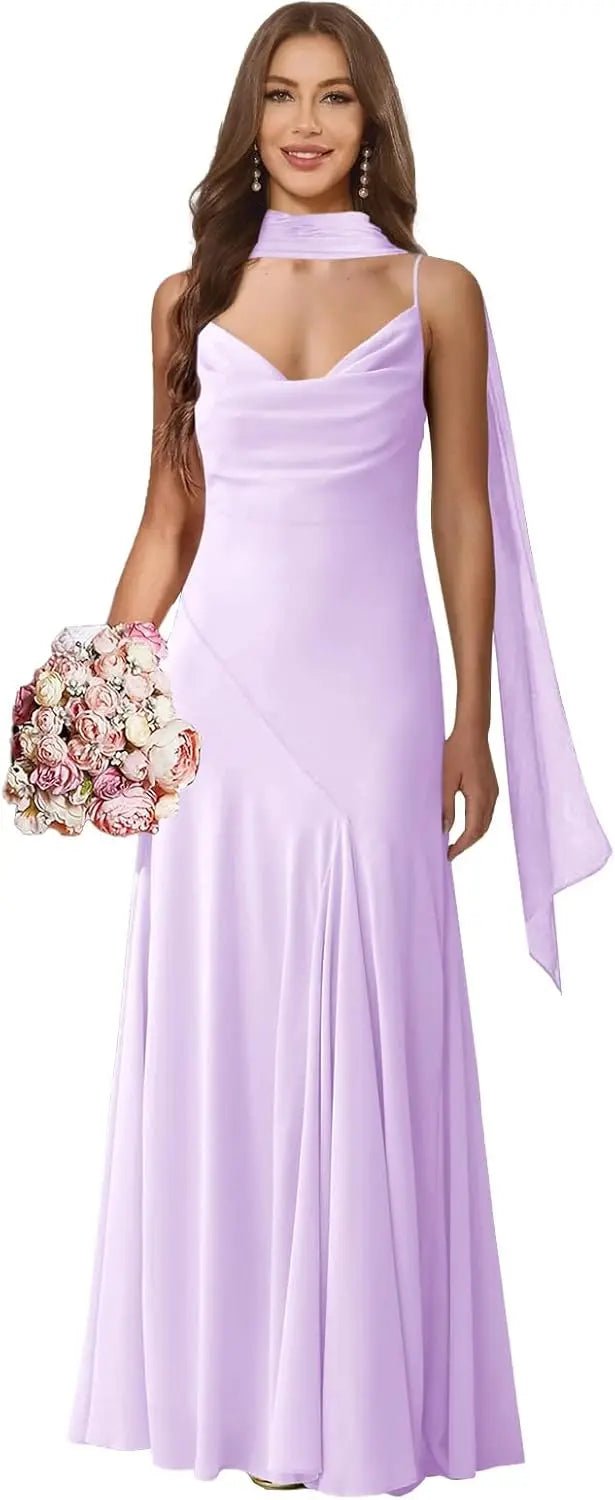 Spaghetti-Strap Chiffon A-Line Bridesmaid Dress with Scarf - Luzilly Bridal & Apparel
