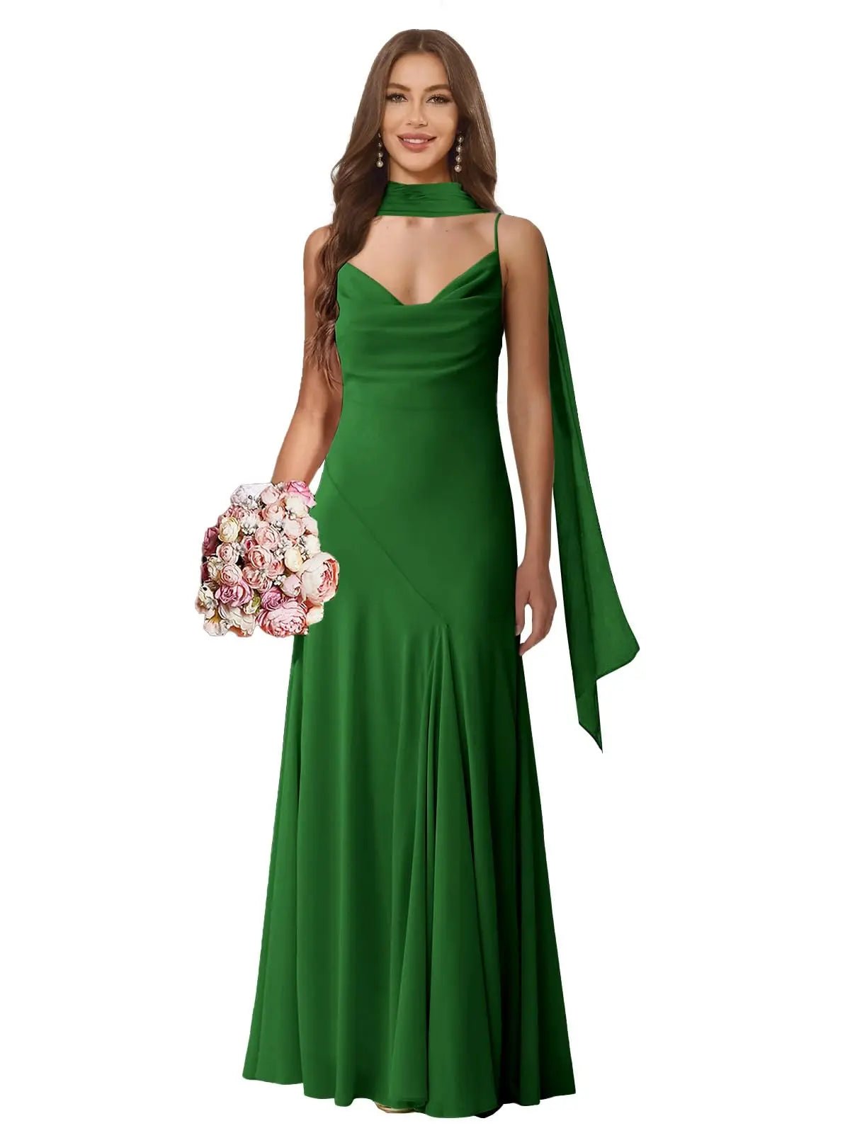 Spaghetti-Strap Chiffon A-Line Bridesmaid Dress with Scarf - Luzilly Bridal & Apparel