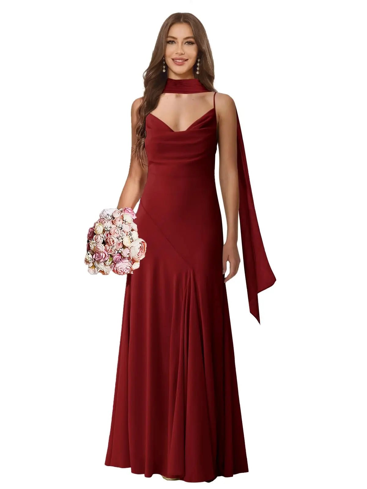 Spaghetti-Strap Chiffon A-Line Bridesmaid Dress with Scarf - Luzilly Bridal & Apparel