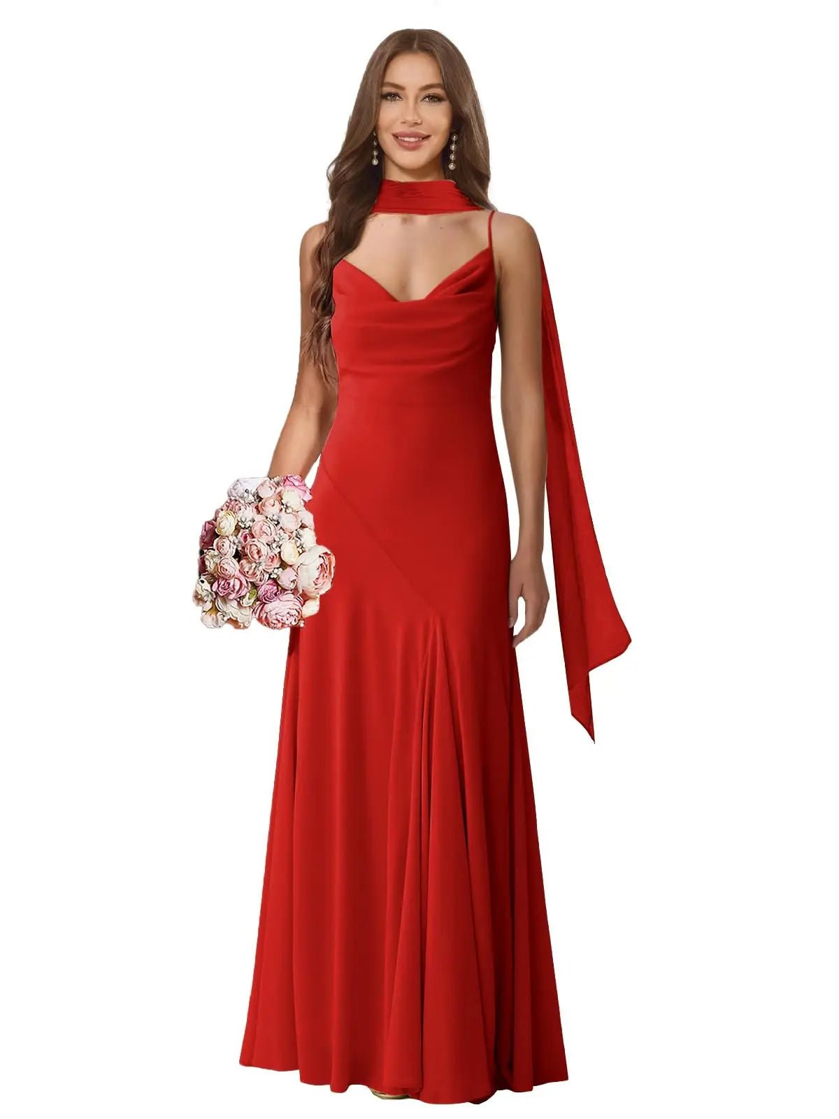 Spaghetti-Strap Chiffon A-Line Bridesmaid Dress with Scarf - Luzilly Bridal & Apparel