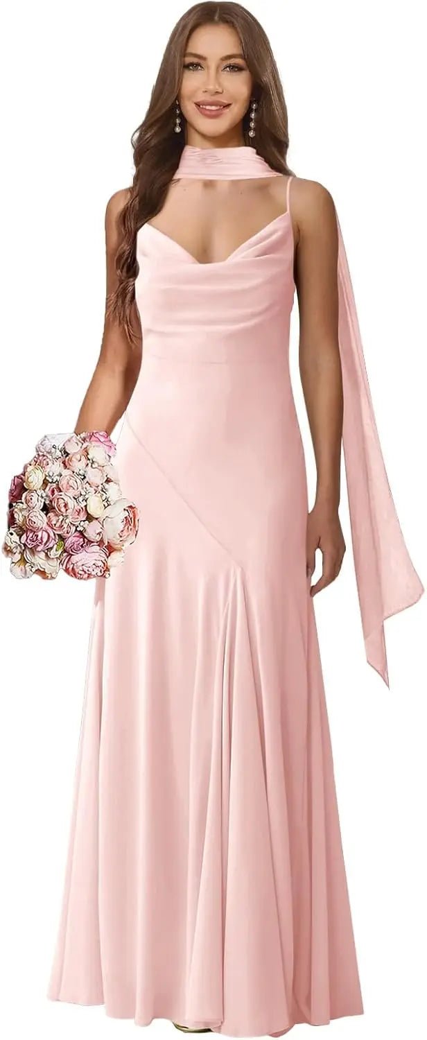 Spaghetti-Strap Chiffon A-Line Bridesmaid Dress with Scarf - Luzilly Bridal & Apparel