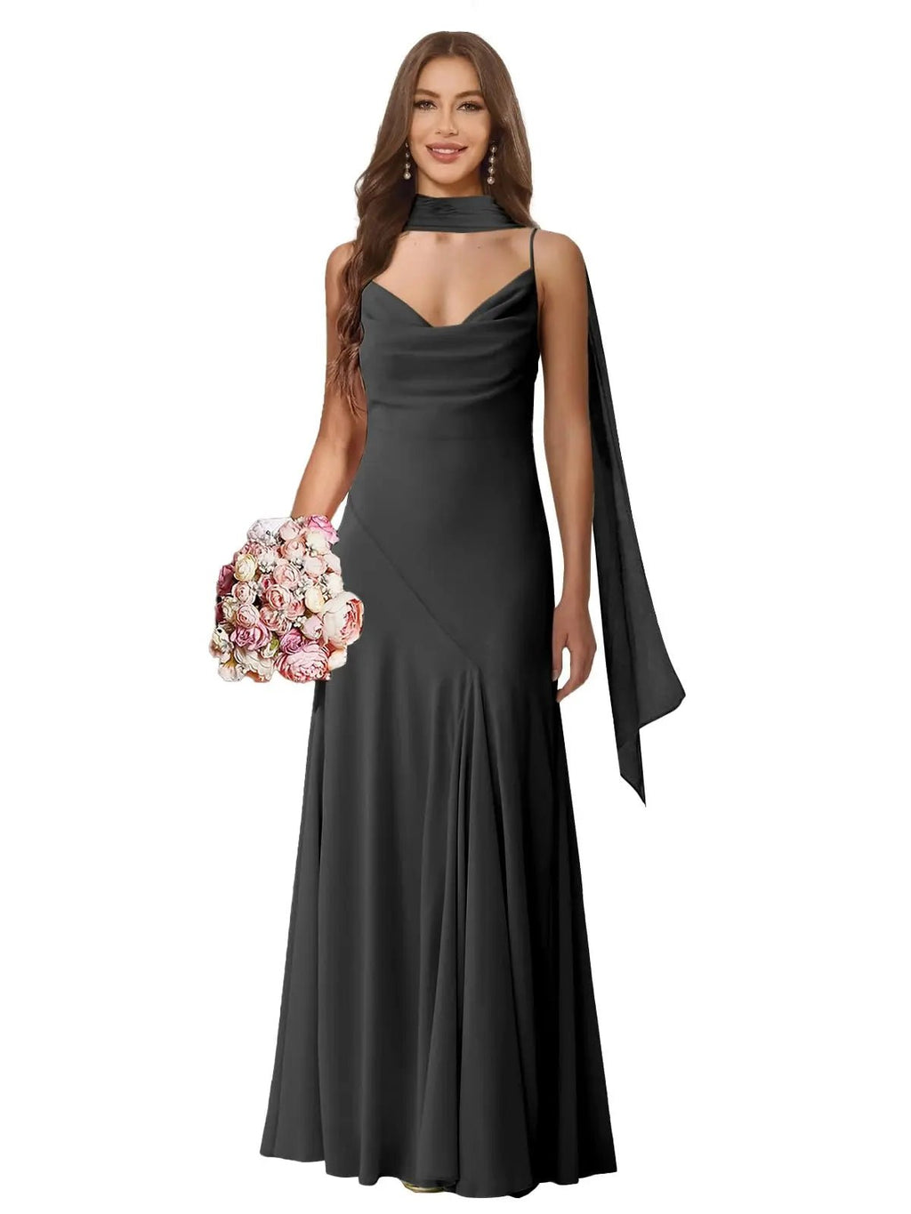 Spaghetti-Strap Chiffon A-Line Bridesmaid Dress with Scarf - Luzilly Bridal & Apparel