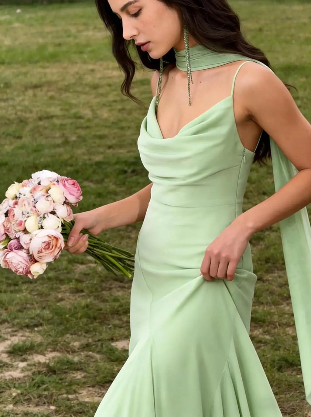 Spaghetti-Strap Chiffon A-Line Bridesmaid Dress with Scarf - Luzilly Bridal & Apparel