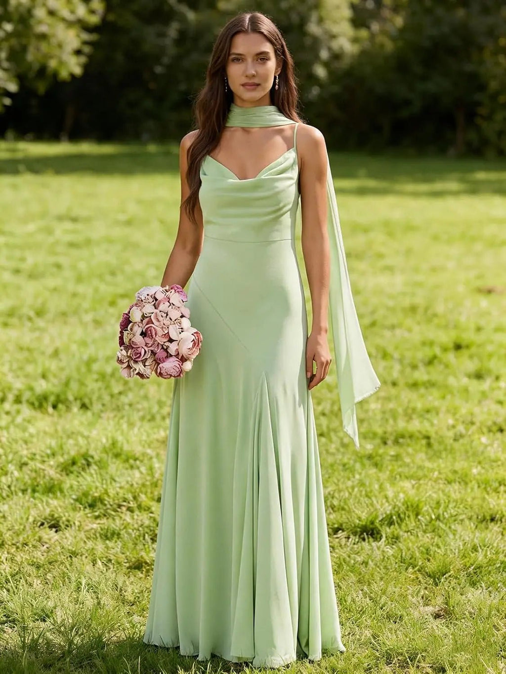 Spaghetti-Strap Chiffon A-Line Bridesmaid Dress with Scarf - Luzilly Bridal & Apparel