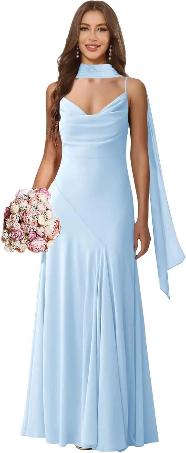 Spaghetti-Strap Chiffon A-Line Bridesmaid Dress with Scarf - Luzilly Bridal & Apparel