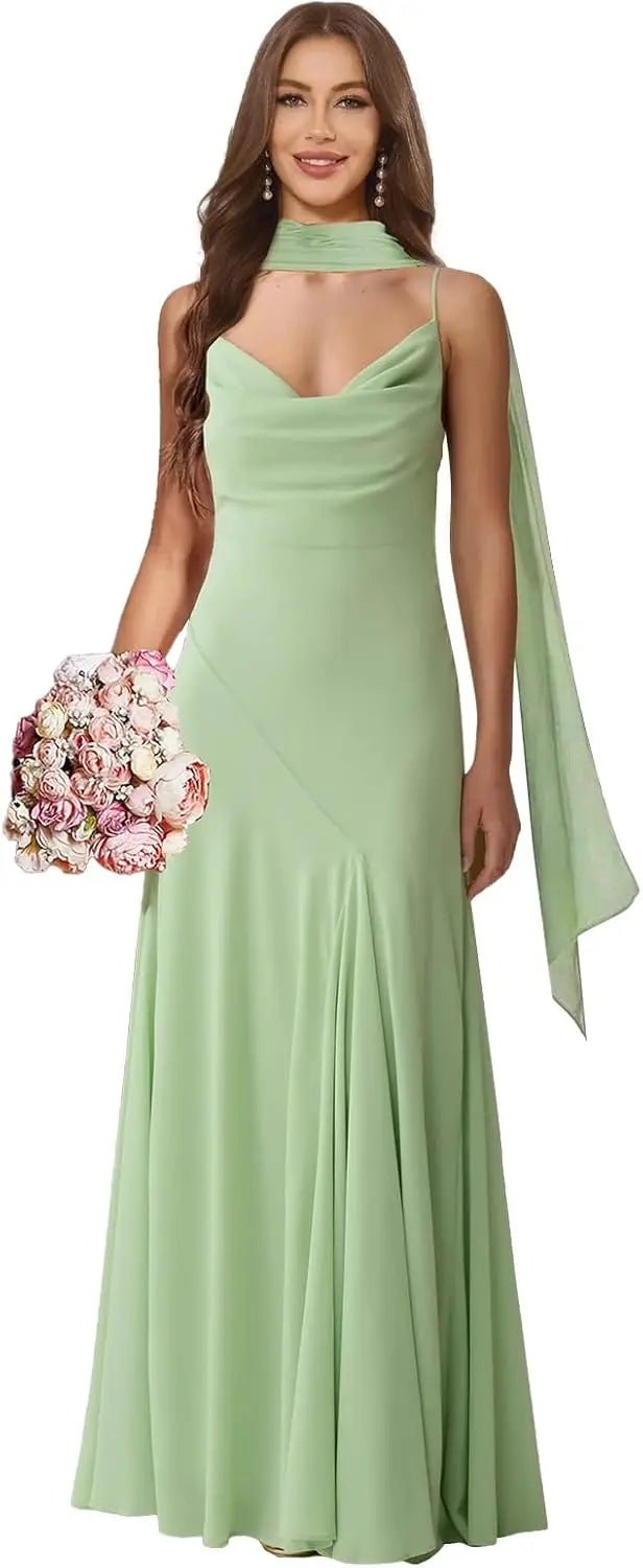 Spaghetti-Strap Chiffon A-Line Bridesmaid Dress with Scarf - Luzilly Bridal & Apparel