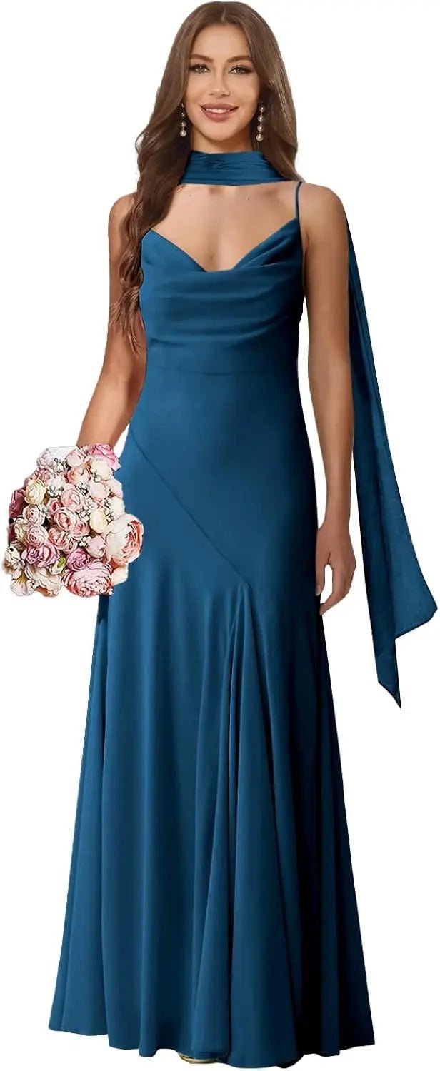 Spaghetti-Strap Chiffon A-Line Bridesmaid Dress with Scarf - Luzilly Bridal & Apparel