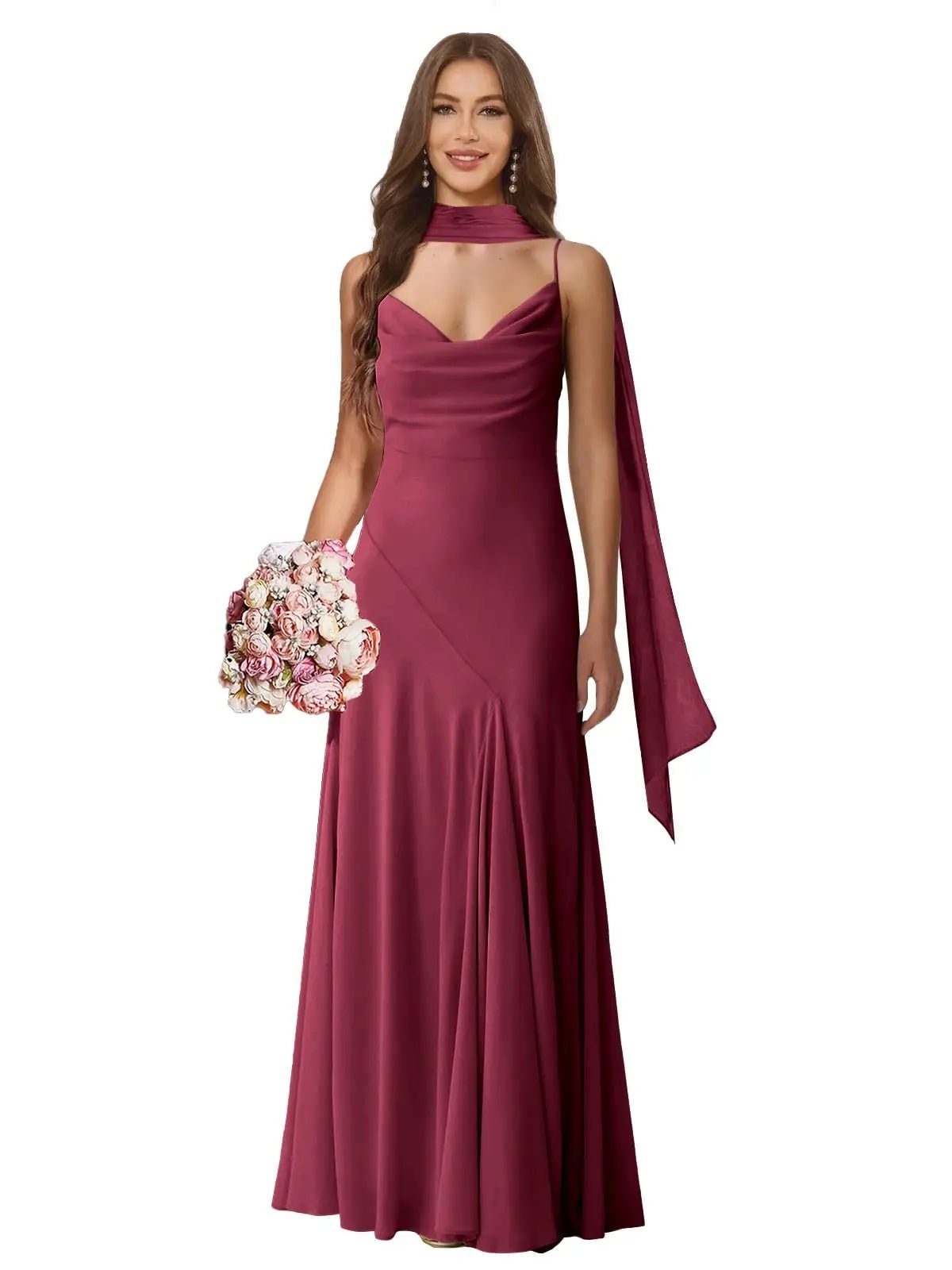 Spaghetti-Strap Chiffon A-Line Bridesmaid Dress with Scarf - Luzilly Bridal & Apparel