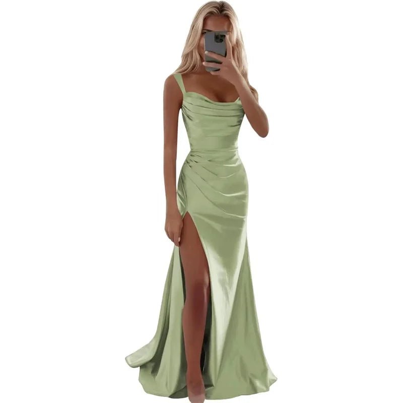 Spaghetti-Strap Pleated Mermaid Bridesmaid Dress with Sweep Train - Luzilly Bridal & Apparel
