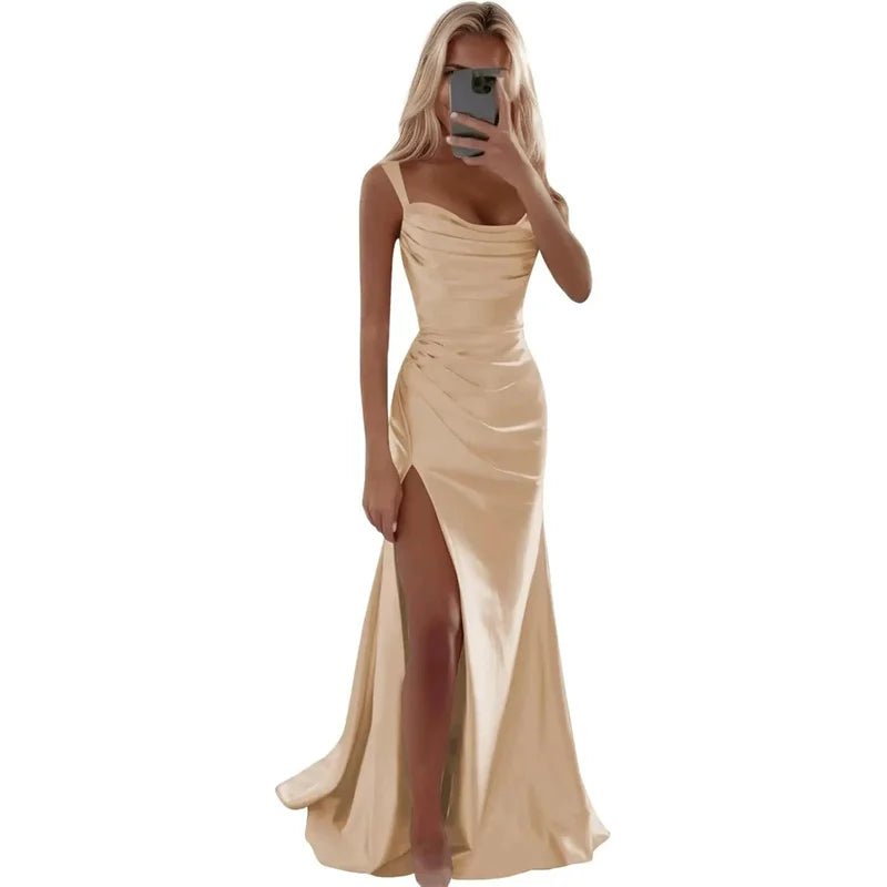 Spaghetti-Strap Pleated Mermaid Bridesmaid Dress with Sweep Train - Luzilly Bridal & Apparel