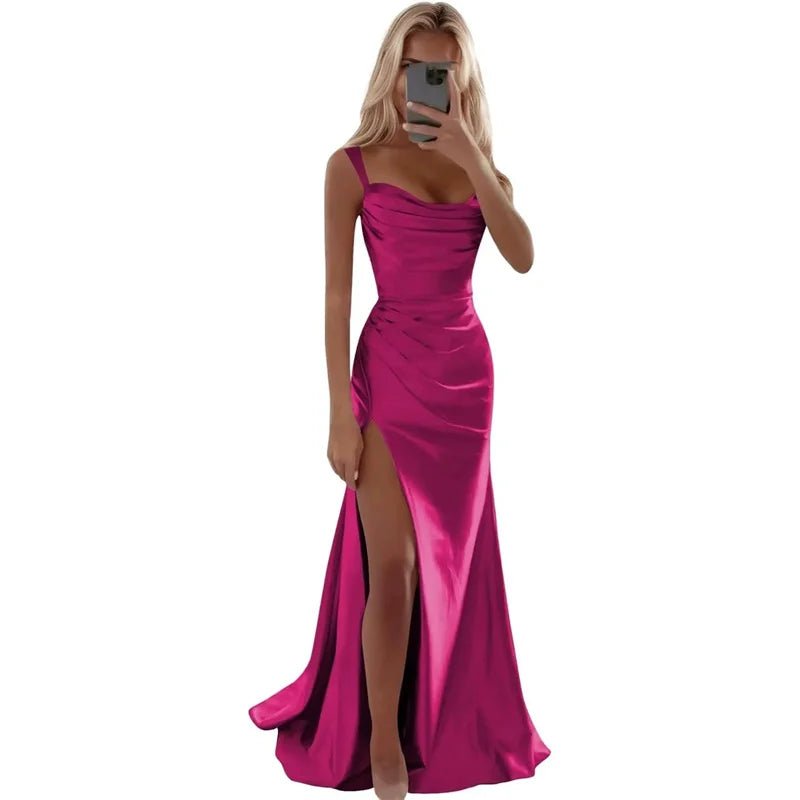 Spaghetti-Strap Pleated Mermaid Bridesmaid Dress with Sweep Train - Luzilly Bridal & Apparel