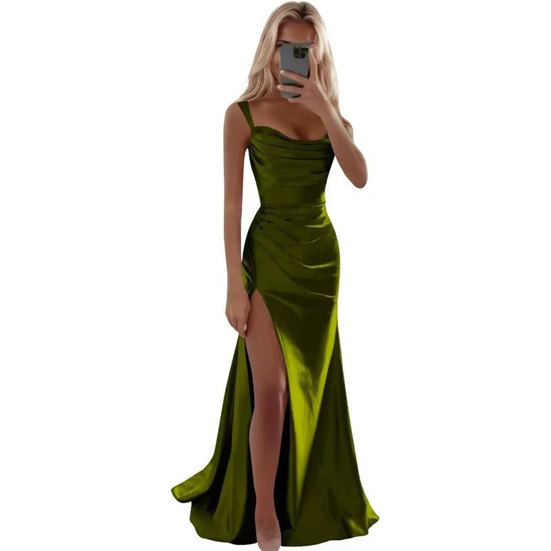 Spaghetti-Strap Pleated Mermaid Bridesmaid Dress with Sweep Train - Luzilly Bridal & Apparel