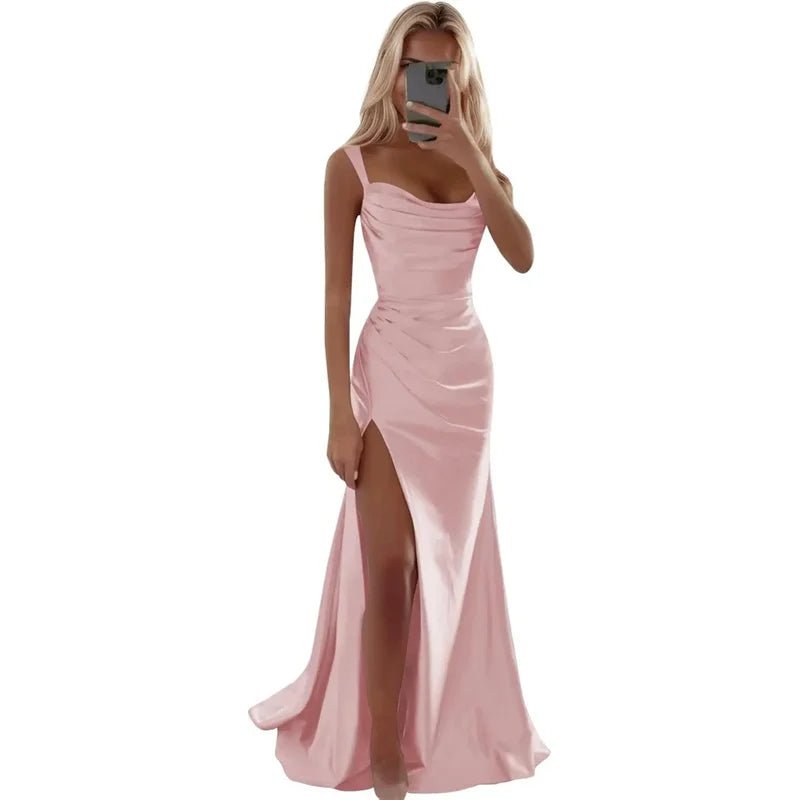 Spaghetti-Strap Pleated Mermaid Bridesmaid Dress with Sweep Train - Luzilly Bridal & Apparel