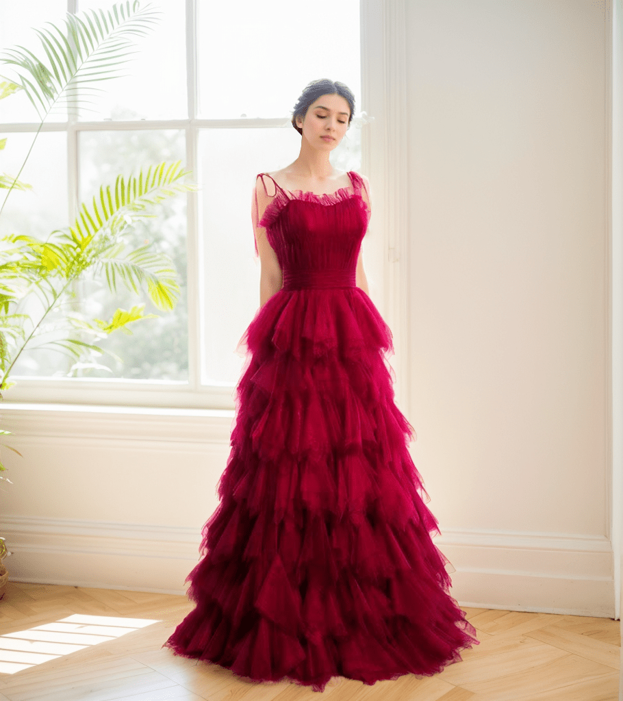 Spaghetti-straps Pleated bodice Ruffle Layered tutu soft tulle prom dress - Luzilly Bridal & Apparel
