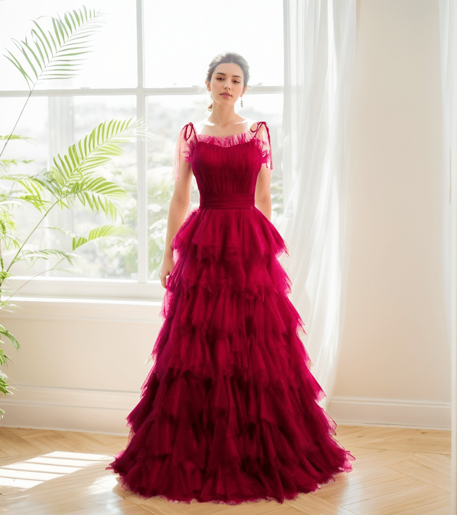 Spaghetti-straps Pleated bodice Ruffle Layered tutu soft tulle prom dress - Luzilly Bridal & Apparel