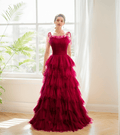 Spaghetti-straps Pleated bodice Ruffle Layered tutu soft tulle prom dress - Luzilly Bridal & Apparel