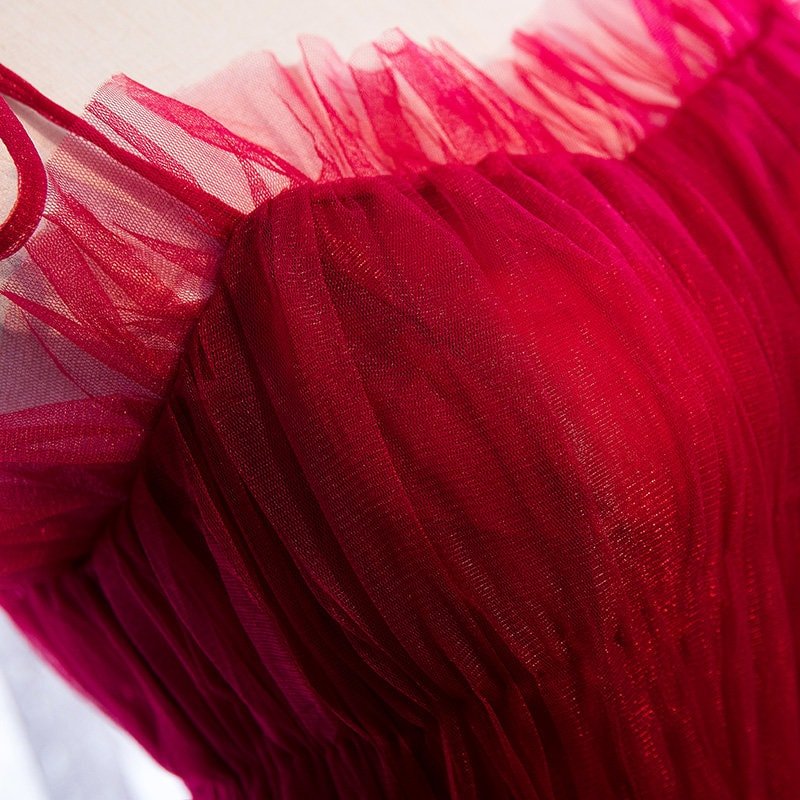 Spaghetti-straps Pleated bodice Ruffle Layered tutu soft tulle prom dress - Luzilly Bridal & Apparel