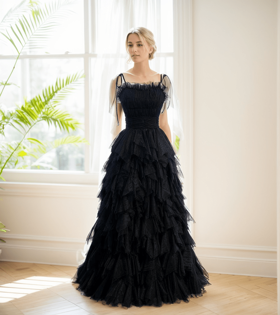 Spaghetti-straps Pleated bodice Ruffle Layered tutu soft tulle prom dress - Luzilly Bridal & Apparel