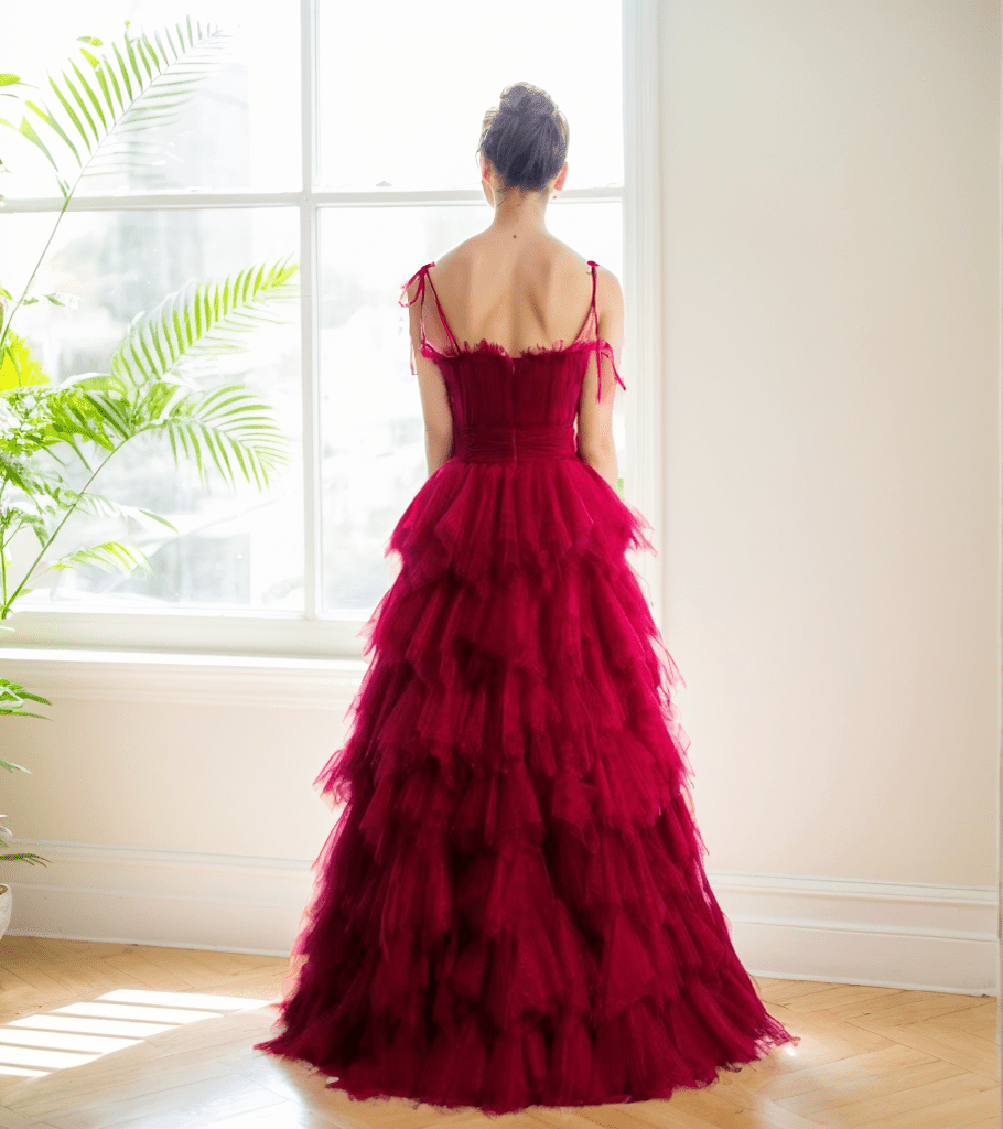 Spaghetti-straps Pleated bodice Ruffle Layered tutu soft tulle prom dress - Luzilly Bridal & Apparel