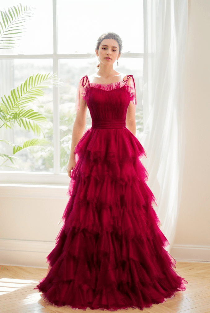 Spaghetti-straps Pleated bodice Ruffle Layered tutu soft tulle prom dress - Luzilly Bridal & Apparel