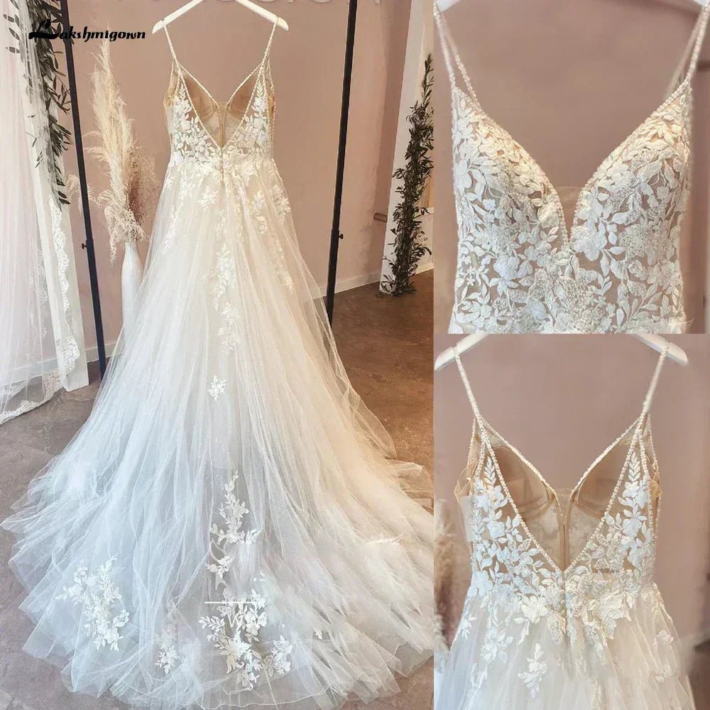 Spaghetti Straps Vintage Lace Wedding Dress With V Neckline Bride Dress Tulle Beach Bridal Gown trouwjurk Customized - Luzilly Bridal & Apparel
