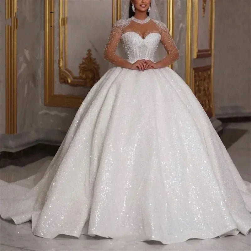 Sparkle Sequin Beaded Long-Sleeve Ball Gown Wedding Dress - Luzilly Bridal & Apparel