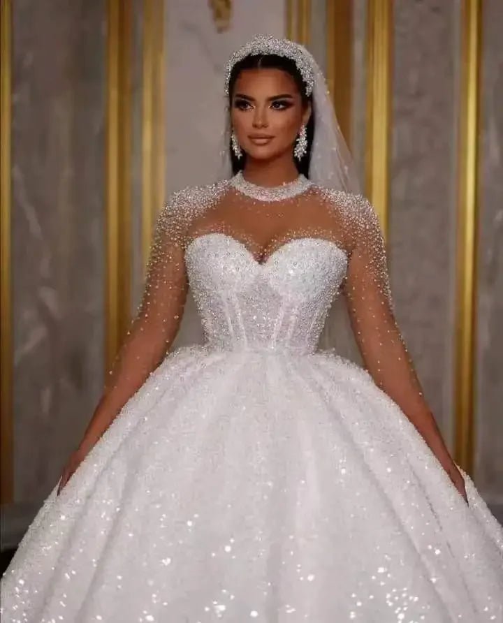 Sparkle Sequin Beaded Long-Sleeve Ball Gown Wedding Dress - Luzilly Bridal & Apparel