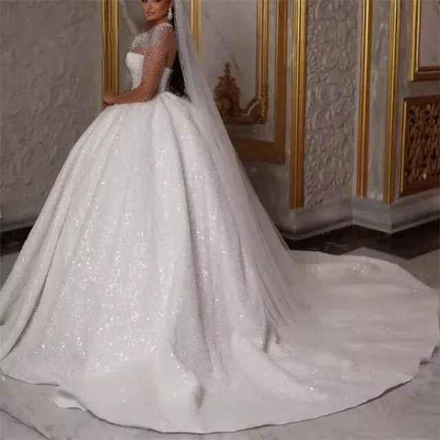 Sparkling African Wedding Dress Luxurious A-line Bridal Ball Dress Beads sequins Long Sleeves Dubai Bridal Dress Customization - Luzilly Bridal & Apparel