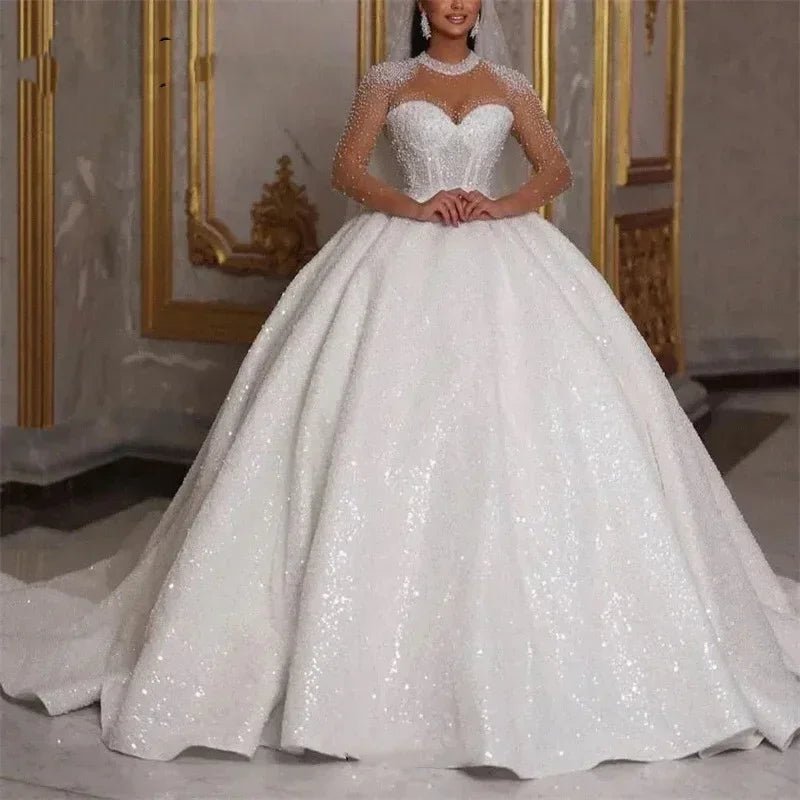 Sparkling African Wedding Dress Luxurious A-line Bridal Ball Dress Beads sequins Long Sleeves Dubai Bridal Dress Customization - Luzilly Bridal & Apparel