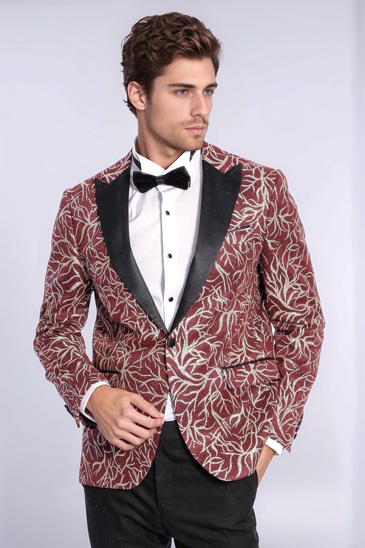 Sparkling Ivy Patterned Slim Fit Burgundy Men Evening Tuxedo Jacket - Wessi - Luzilly Bridal & Apparel