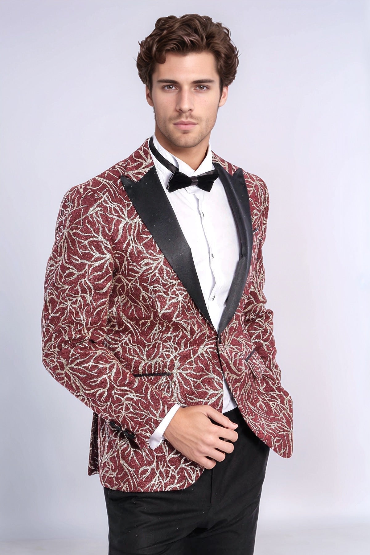Sparkling Ivy Patterned Slim Fit Burgundy Men Evening Tuxedo Jacket - Wessi - Luzilly Bridal & Apparel
