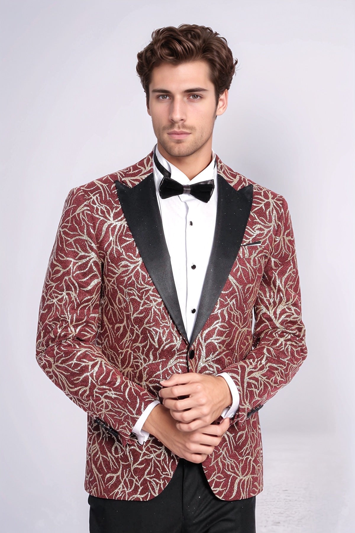 Sparkling Ivy Patterned Slim Fit Burgundy Men Evening Tuxedo Jacket - Wessi - Luzilly Bridal & Apparel