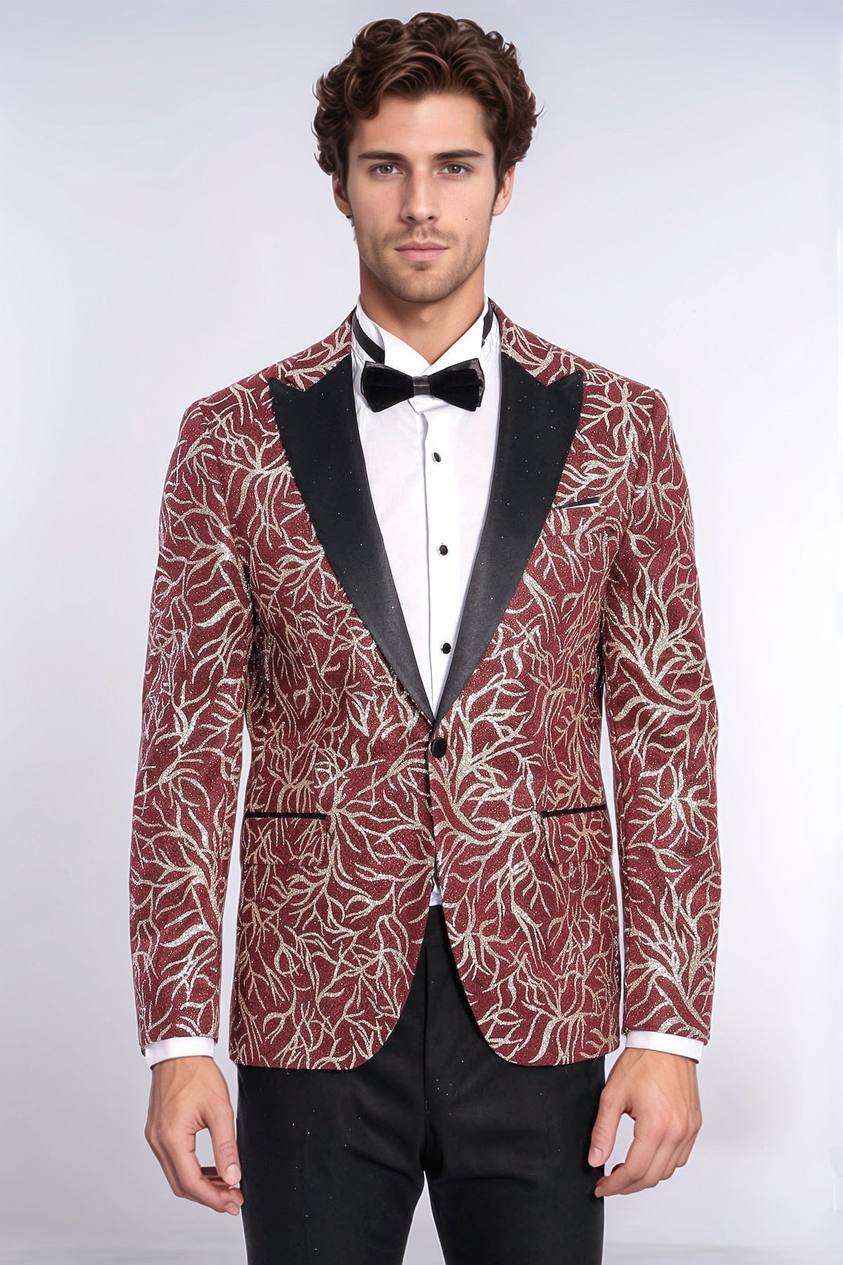 Sparkling Ivy Patterned Slim Fit Burgundy Men Evening Tuxedo Jacket - Wessi - Luzilly Bridal & Apparel