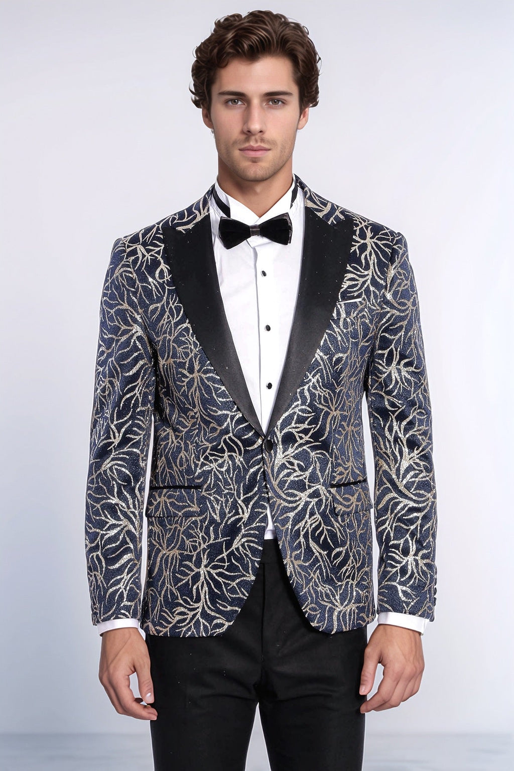 Sparkling Ivy Patterned Slim Fit Navy Blue Men Tuxedo Jacket - Wessi - Luzilly Bridal & Apparel