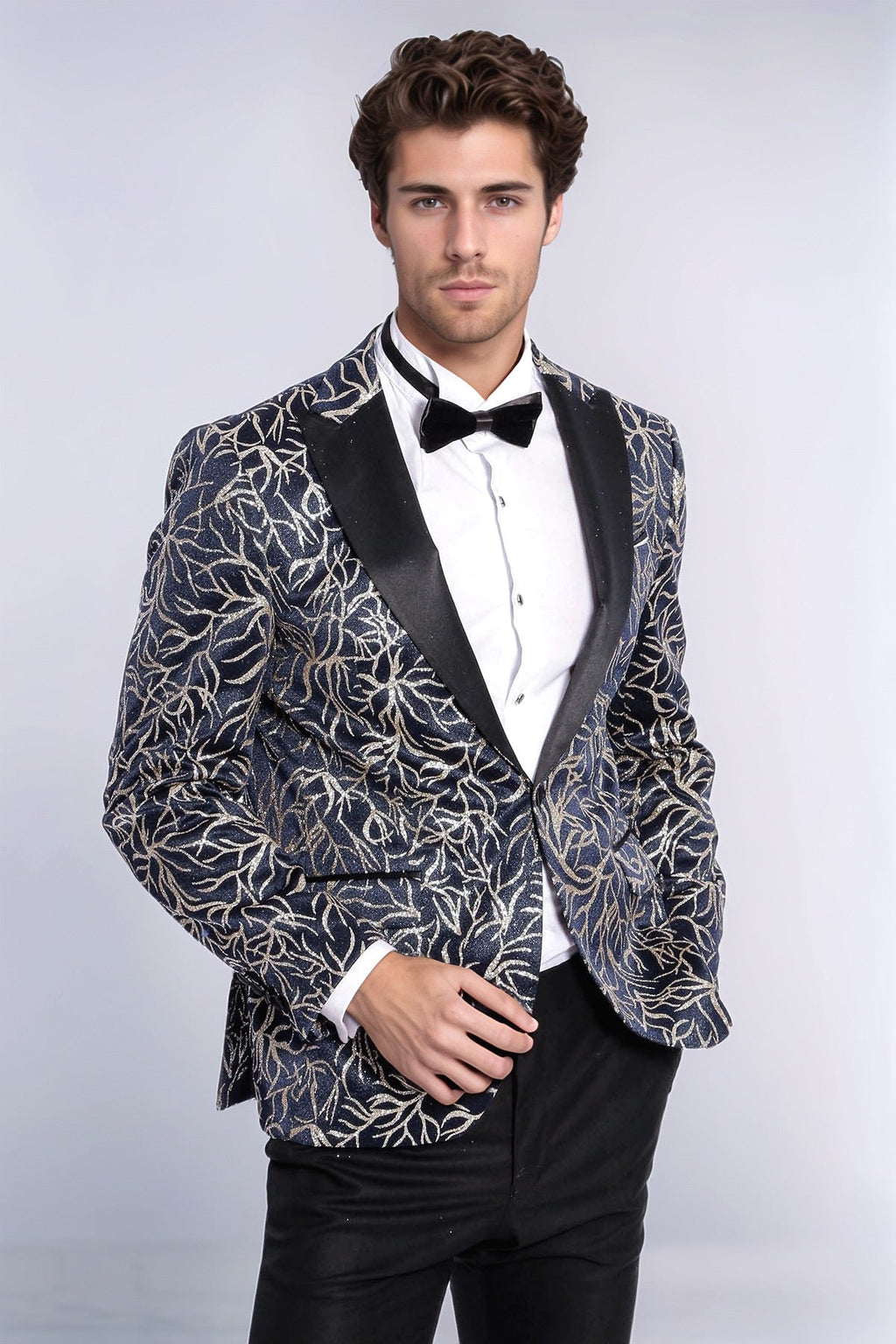 Sparkling Ivy Patterned Slim Fit Navy Blue Men Tuxedo Jacket - Wessi - Luzilly Bridal & Apparel