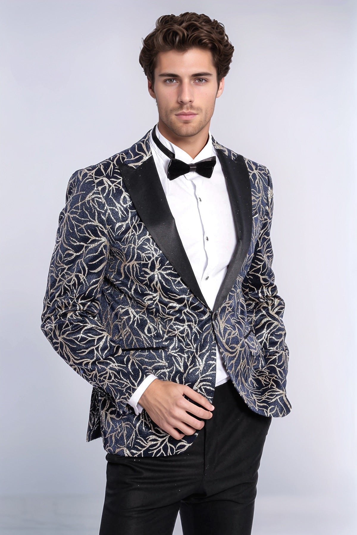 Sparkling Ivy Patterned Slim Fit Navy Blue Men Tuxedo Jacket - Wessi - Luzilly Bridal & Apparel