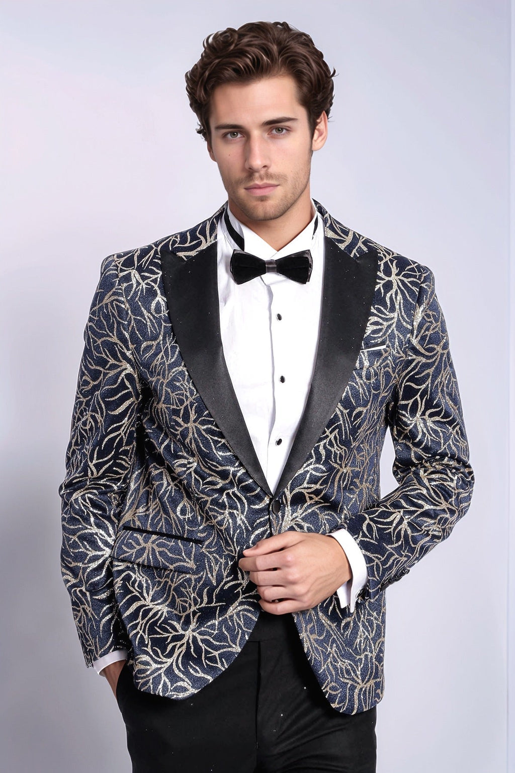 Sparkling Ivy Patterned Slim Fit Navy Blue Men Tuxedo Jacket - Wessi - Luzilly Bridal & Apparel