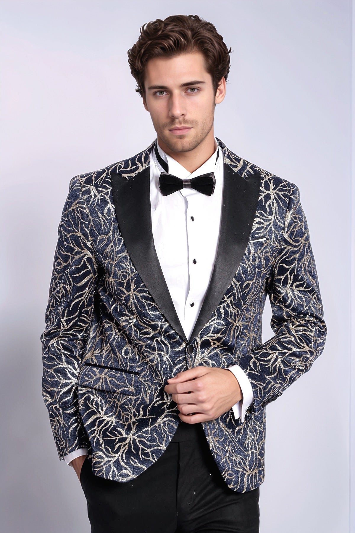 Sparkling Ivy Patterned Slim Fit Navy Blue Men Tuxedo Jacket - Wessi - Luzilly Bridal & Apparel