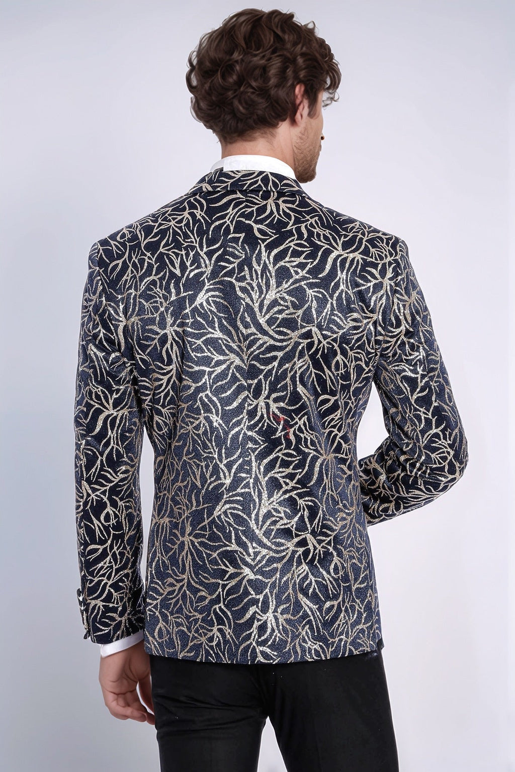 Sparkling Ivy Patterned Slim Fit Navy Blue Men Tuxedo Jacket - Wessi - Luzilly Bridal & Apparel
