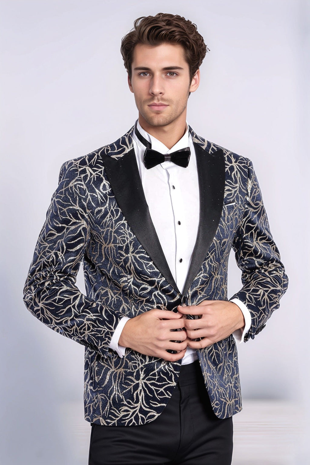 Sparkling Ivy Patterned Slim Fit Navy Blue Men Tuxedo Jacket - Wessi - Luzilly Bridal & Apparel