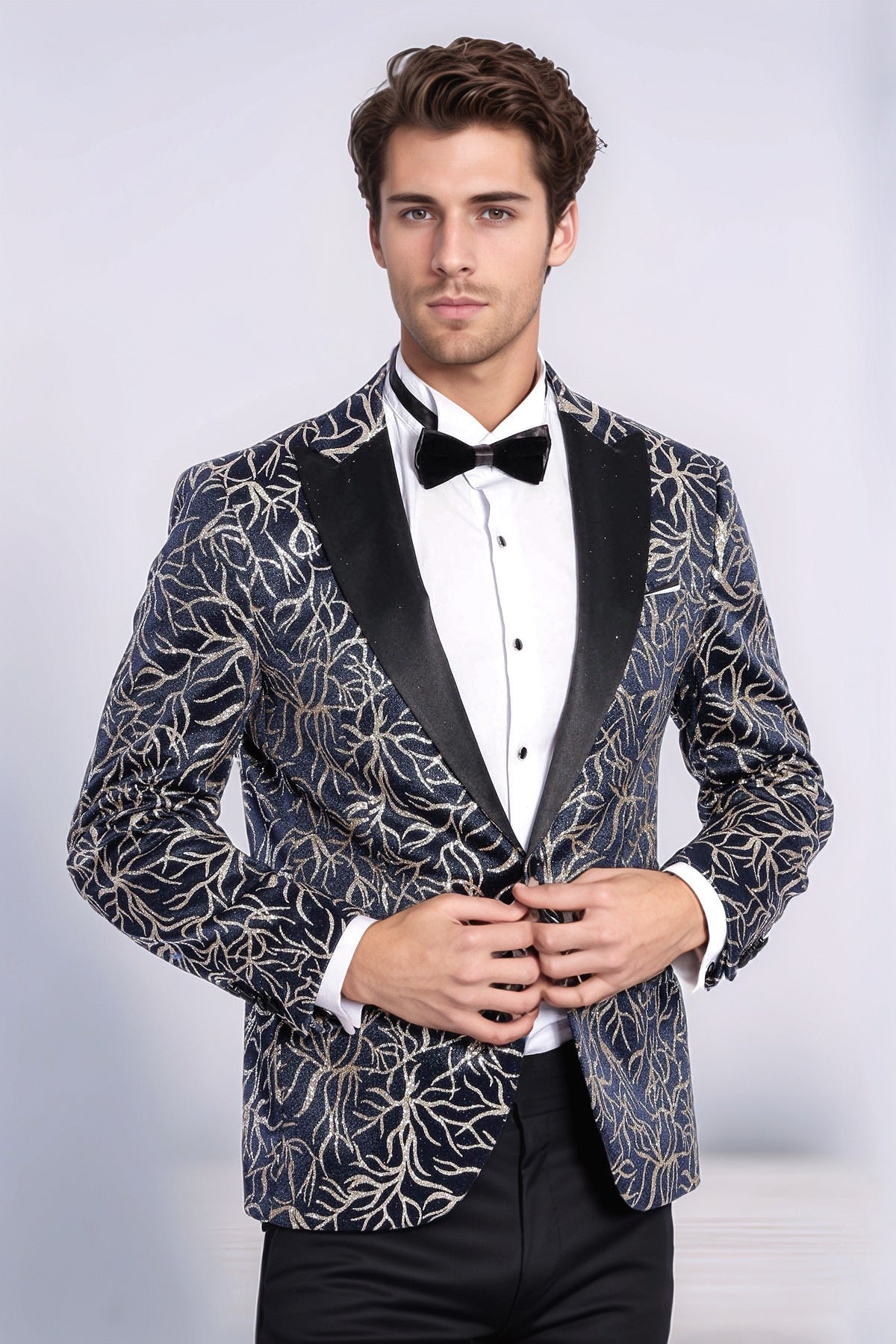 Sparkling Ivy Patterned Slim Fit Navy Blue Men Tuxedo Jacket - Wessi - Luzilly Bridal & Apparel