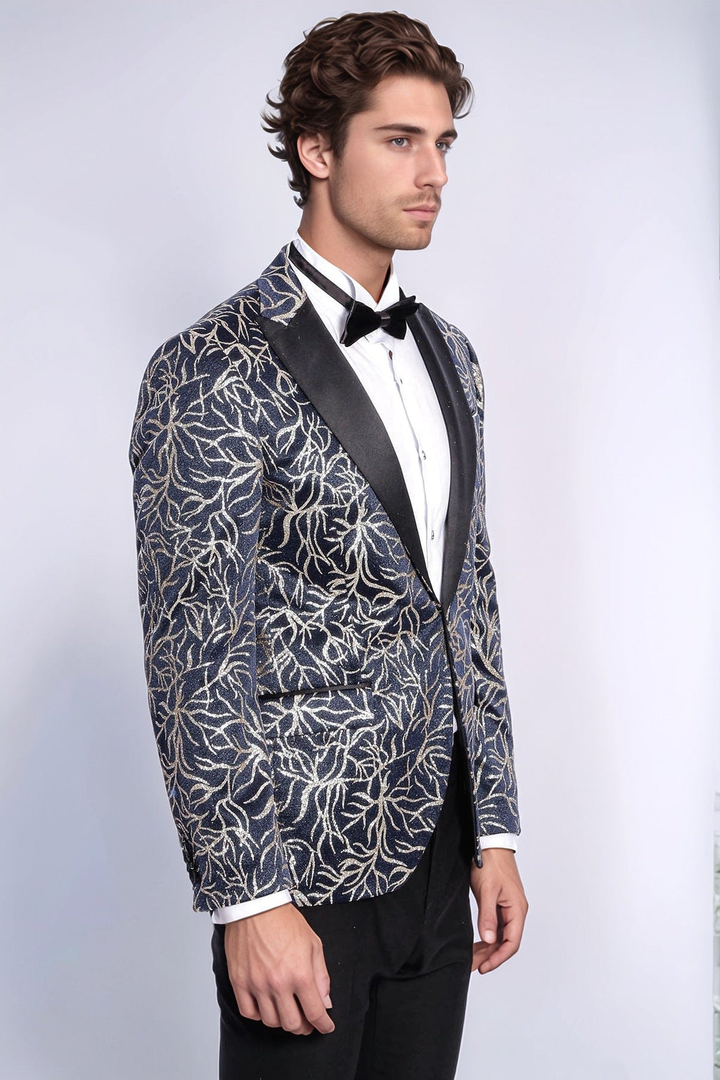 Sparkling Ivy Patterned Slim Fit Navy Blue Men Tuxedo Jacket - Wessi - Luzilly Bridal & Apparel