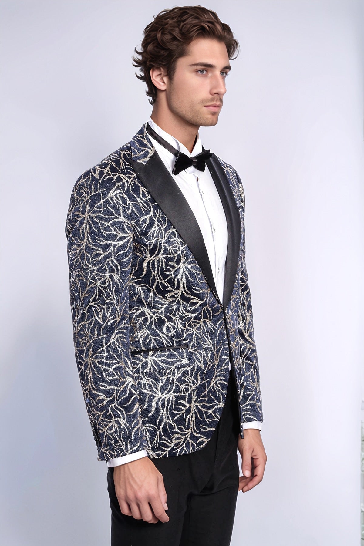 Sparkling Ivy Patterned Slim Fit Navy Blue Men Tuxedo Jacket - Wessi - Luzilly Bridal & Apparel