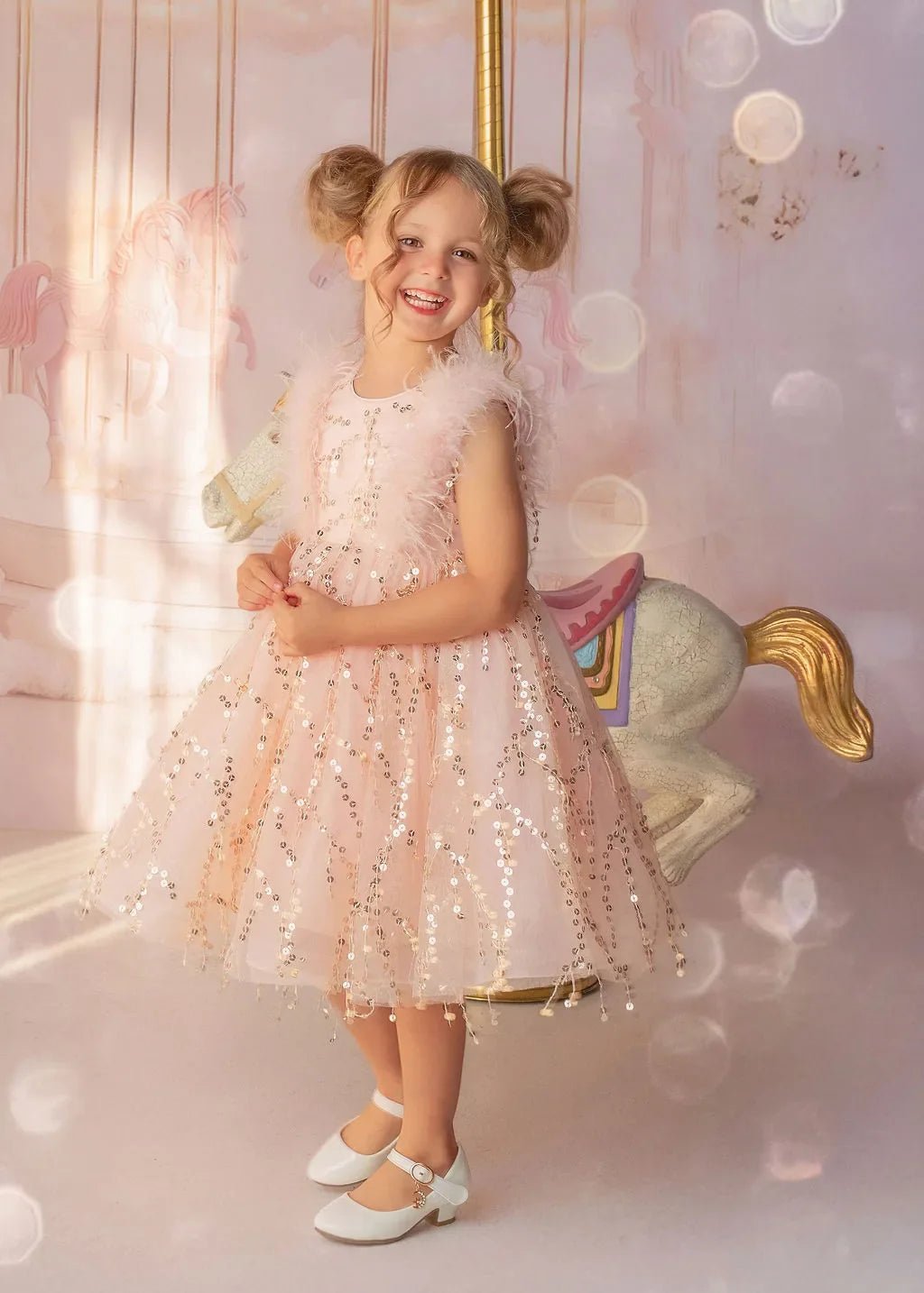 Sparkly Feather Fairy Pink Sequin Flower Girl Dress - Luzilly Bridal & Apparel
