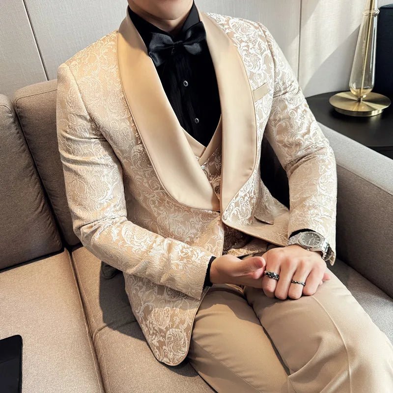 Spring 2025 Men's British Style Business Casual Three-Piece Suit Vest Trousers High-Density Jacquard Wedding Dress - Luzilly Bridal & Apparel