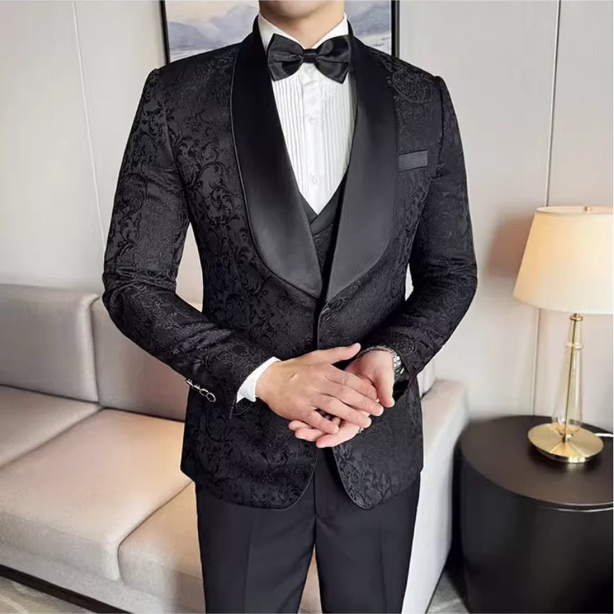 Spring 2025 Men's British Style Business Casual Three-Piece Suit Vest Trousers High-Density Jacquard Wedding Dress - Luzilly Bridal & Apparel