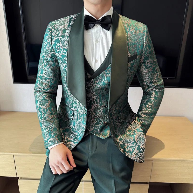 Spring 2025 Men's British Style Business Casual Three-Piece Suit Vest Trousers High-Density Jacquard Wedding Dress - Luzilly Bridal & Apparel
