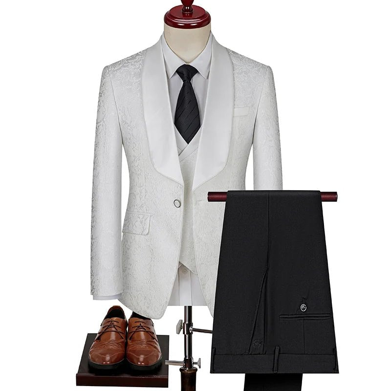 Spring 2025 Men's British Style Business Casual Three-Piece Suit Vest Trousers High-Density Jacquard Wedding Dress - Luzilly Bridal & Apparel